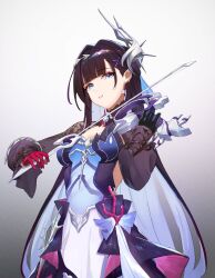 Rule 34 | 1girl, ailushin, asymmetrical gloves, black gloves, black hair, blue eyes, blunt bangs, breasts, colored inner hair, commentary, dress, gloves, grey background, grey hair, hair ornament, highres, holding, holding instrument, honkai: star rail, honkai (series), hysilens (honkai: star rail), instrument, long hair, long sleeves, looking at viewer, mismatched gloves, multicolored hair, music, parted lips, playing instrument, red gloves, small breasts, solo, very long hair