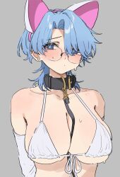1girl absurdres animal_ears aochoku bikini black_collar blue_eyes blue_hair blush breasts cleavage collar commentary detached_sleeves earrings eyelashes fake_animal_ears glasses grey_background hair_between_eyes highres jewelry large_breasts leash leash_between_breasts leona_(aochoku) looking_at_viewer original simple_background solo stud_earrings swimsuit symbol-only_commentary upper_body white_bikini