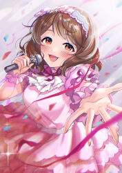 Rule 34 | 1girl, absurdres, azusamaru, beckoning, blush, bow, bowtie, breasts, brown hair, confetti, dress, frilled wristband, highres, holding, holding microphone, idolmaster, idolmaster cinderella girls, idolmaster cinderella girls starlight stage, layered dress, looking at viewer, medium breasts, medium hair, microphone, nagatomi hasumi, pink dress, puffy short sleeves, puffy sleeves, purple bow, purple bowtie, short sleeves, smile, solo, streamers
