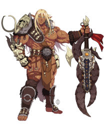 1boy abs armor bara bare_pectorals belt blonde_hair blue_eyes cape chest_belt dark-skinned_male dark_skin elf fang gauntlets large_pectorals leg_armor leg_belt loincloth long_hair looking_at_viewer male_focus muscular muscular_arms muscular_legs muscular_male nipples original pectorals pointy_ears scar scar_on_leg scar_on_stomach shoulder_armor shoulder_pads skull smile solo sword thighs veins veiny_arms warrior weapon xelgot