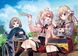 3girls ahoge bandaged_neck bandages bento blonde_hair blue_eyes blue_sky breasts brown_hair chopsticks closed_mouth cloud commentary_request gokumon_nadeshiko gokumon_nadeshiko_koko_ni_ari grey_serafuku hair_ornament hair_ribbon highres holding holding_chopsticks jacket kamashita_touka long_hair long_sleeves looking_at_viewer lunchbox miotsukushi_shinobu multiple_girls open_clothes open_jacket open_mouth oshioshio outdoors pink_hair pink_jacket red_eyes red_ribbon red_skirt ribbon sailor_collar school_uniform second-party_source serafuku sitting skirt sky tassel wheelchair white_sailor_collar