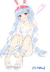 Rule 34 | 1girl, animal ear fluff, animal ears, between legs, bikini, bikini under clothes, blue bikini, blue hair, blue nails, blush, braid, breasts, brown eyes, commentary request, full body, grin, hair ornament, hairclip, hand between legs, hat, head tilt, heart, highres, hololive, kiritoma, long hair, looking at viewer, low twintails, nail polish, rabbit-shaped pupils, rabbit ears, red hat, sandals, see-through clothes, see-through shirt, shirt, short eyebrows, signature, simple background, small breasts, smile, solo, swimsuit, symbol-shaped pupils, thick eyebrows, toenail polish, toenails, twin braids, twintails, usada pekora, very long hair, virtual youtuber, visor cap, wet, wet clothes, wet shirt, white background, white hair, white sandals, white shirt, wrist cuffs, x hair ornament