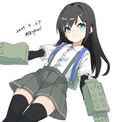 absurdres adapted_turret asashio_(kancolle) bigkwl black_hair black_thighhighs blue_eyes cannon cowboy_shot dated highres kantai_collection long_hair machinery neck_ribbon one-hour_drawing_challenge pleated_skirt ribbon rigging school_uniform ship_turret shirt simple_background skirt suspender_skirt suspenders thighhighs torpedo_launcher torpedo_tubes twitter_username white_background white_shirt