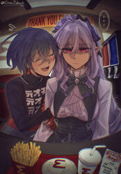 ... 2girls :d ^_^ absurdres belle_(zenless_zone_zero) black_bow black_bowtie black_shirt blue_hair bow bowtie cesar_zebrah closed_eyes cup disposable_cup drinking_straw fingerless_gloves food french_fries gloves highres long_sleeves multiple_girls open_mouth purple_hair red_eyes shirt smile spoken_ellipsis vivian_banshee white_shirt zenless_zone_zero