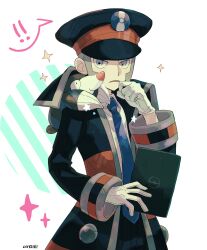 ! !! 1boy absurdres black_coat black_hat blue_necktie clipboard coat creatures_(company) drilbur game_freak gen_5_pokemon gloves grey_eyes grey_hair hat highres holding holding_clipboard ingo_(pokemon) long_sleeves looking_at_viewer male_focus necktie nintendo on_shoulder onigiri_(ahku5522) pokemon pokemon_(creature) pokemon_bw pokemon_on_shoulder sparkle spoken_exclamation_mark white_gloves
