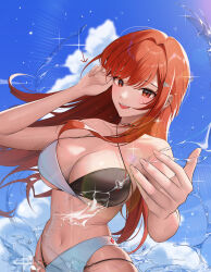 1girl absurdres alternate_costume bikini black_bikini blue_sky blush breasts cleavage cloud cloudy_sky commentary criss-cross_halter day gani1127 goddess_of_victory:_nikke hair_intakes halterneck hands_up highres large_breasts long_hair looking_at_viewer multicolored_bikini navel offering_hand open_mouth outdoors outstretched_arm rapi_(nikke) red_eyes red_hair sky smile solo stomach swimsuit teeth two-tone_bikini upper_body upper_teeth_only water white_bikini