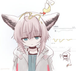 1girl 1other animal_ears arknights black_choker blue_eyes blue_shirt cape chibi chibi_inset choker disembodied_hand doctor_(arknights) enji-kun flying_sweatdrops food food_on_head fox_ears fox_girl half-closed_eyes highres hood hood_down hooded_cape light_frown looking_at_viewer mayonnaise mayonnaise_bottle object_on_head pink_hair pointing request_inset shirt short_hair simple_background solo_focus spaghetti_strap sussurro_(arknights) upper_body white_background white_cape