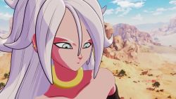 1boy 1girl 3d android_21 animated arms_behind_head black_nails blue_eyes bouncing_breasts breasts colored_skin detached_sleeves dragon_ball floating hetero jewelry large_breasts long_hair majin_android_21 midair moaning nail_polish neck_ring nipples nude pink_skin secazz sex sound uncensored vaginal video white_hair