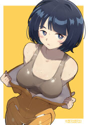 1girl bare_shoulders black_hair blue_eyes blush_stickers bob_cut bodysuit border bright_pupils brown_sports_bra collarbone commentary_request gundam gundam_gquuuuuux highres looking_at_viewer mashiroshiro open_bodysuit open_clothes open_mouth opened_by_self outside_border shiiko_sugai short_hair simple_background solo sports_bra sweat white_border white_pupils yellow_background yellow_bodysuit
