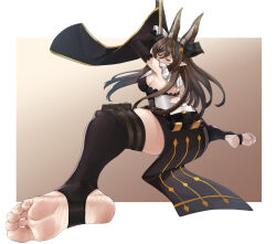 1girl animal_ear_fluff animal_ears armpits arms_up ass back barefoot black_thighhighs blue_hair border breasts brown_background brown_hair closed_eyes eiji_(eiji) feet foreshortening galleon_(granblue_fantasy) granblue_fantasy granblue_fantasy_versus:_rising hair_between_eyes highres holding holding_staff horns large_breasts long_hair multicolored_hair pointy_ears sideboob simple_background sitting solo spread_legs staff stirrup_legwear streaked_hair thick_thighs thigh_strap thighhighs thighs toeless_legwear toes white_border