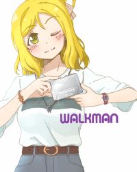 1girl ;) artist_name artist_request belt black_belt blonde_hair blue_pants blush bow bracelet braid breasts brown_eyes crown_braid earrings female_focus green_eyes hair_bow hair_rings highres holding jewelry looking_at_viewer love_live! love_live!_sunshine!! medium_breasts music_player necklace ohara_mari one_eye_closed pants parted_lips purple_bow shirt short_hair short_sleeves smile solo sony watch white_background white_shirt yellow_eyes