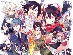 ^_^ alela_grora_(funamusea) angel_wings bat_wings black_dress black_hair black_neckwear black_suit blue_hair blue_suit cape closed_eyes closed_mouth crossover dress emalf_(funamusea) etihw everyone flower formal_clothes from_behind funamusea green_dress haiiro_teien hair_between_eyes hair_flower hair_ornament halo heart horns igls_unth ivlis kcalb long_hair long_sleeves looking_at_viewer multiple_boys multiple_girls necktie one_eye_closed one_eye_covered oounabara_to_wadanohara open_mouth pink_hair red_eyes red_hair reficul satanick shirt short_hair simple_background siralos smile star_(symbol) suit sunahama_tsuushin sunglasses taiyou_no_jubaku victor_flankenstein white_background white_cape white_hair white_shirt wings wodahs yellow_eyes zenryoku_eimin