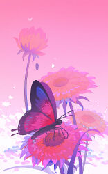 animal animal_focus bug butterfly field flower flower_field gradient_background highres huhv. insect insect_wings no_humans original pink_background pink_flower pink_sky scenery sky sunflower wings yellow_flower