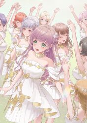6+girls :d absurdres anyoji_hime armpit_crease arms_up bare_shoulders black_hair blonde_hair blue_eyes blue_hair blush bob_cut braid breasts brown_hair collarbone colored_inner_hair commentary_request dress flower flower-shaped_hair fujishima_megumi green_eyes grey_hair hair_bun hair_flower hair_intakes hair_ornament highres hinoshita_kaho itsudemo_itsumademo_(love_live!) kachimachi_kosuzu kobassy large_breasts layered_dress link!_like!_love_live! long_hair love_live! medium_breasts medium_dress momose_ginko multicolored_hair multiple_girls murano_sayaka off-shoulder_dress off_shoulder official_alternate_costume open_hands open_mouth orange_hair osawa_rurino otomune_kozue pink_hair pleated_dress purple_hair red_hair short_hair single_braid single_hair_bun smile streaked_hair virtual_youtuber walking white_dress white_flower yugiri_tsuzuri