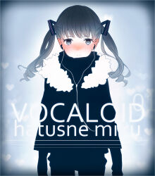 1girl aqua_eyes aqua_hair blush character_name closed_mouth copyright_name earbuds earphones english_text full_body fur-trimmed_jacket fur_trim hair_ornament hakoda_eko hatsune_miku jacket long_hair long_sleeves solo twintails vocaloid