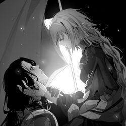 Rule 34 | 1boy, 1girl, capelet, closed eyes, commentary request, crying, embers, fate/grand order, fate (series), flag, gilles de rais (fate), gilles de rais (saber) (fate), gloves, greyscale, hand on another&#039;s cheek, hand on another&#039;s face, highres, jeanne d&#039;arc (fate), jeanne d&#039;arc (ruler) (fate), kassia, korean commentary, long hair, monochrome, tears, very long hair