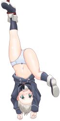 1girl absurdres black_neckerchief black_sailor_collar black_shoes black_socks blue_panties blush bound bow bow_panties commentary_request dress embarrassed green_eyes highres kantai_collection kirisame0729 loli long_sleeves navel neckerchief panties sailor_collar sailor_dress shoes simple_background socks solo underwear upside-down white_background white_hair z1_leberecht_maass_(kancolle)