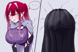 ... 1girl absurdres ass baobhan_sith_(fate) baobhan_sith_(swimsuit_pretender)_(second_ascension)_(fate) black_skirt blush breasts capelet detached_sleeves earrings fate/grand_order fate_(series) glasses grey_capelet grey_eyes highres jewelry large_breasts long_hair mcpc_zamurai multiple_views pink_hair pointy_ears purple_shirt round_eyewear shirt sidelocks skirt solo speech_bubble through_wall