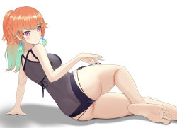 1girl ass back barefoot black_one-piece_swimsuit breasts earrings feather_earrings feathers from_behind highres hololive hololive_english jewelry large_breasts looking_at_viewer lying official_alternate_costume on_side one-piece_swimsuit orange_hair perfume_(takanashi_kiara) purple_eyes see-through_clothes simple_background soles solo swimsuit takanashi_kiara tamagotozi3420 thighs virtual_youtuber white_background