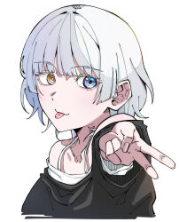 1girl bang_dream! bang_dream!_it&#039;s_mygo!!!!! black_shirt blue_eyes commentary_request cropped_torso gyaru_v heterochromia highres kaname_raana looking_at_viewer off_shoulder shirt short_hair simple_background solo tongue tongue_out tsuyudashimirin upper_body v white_background white_hair white_shirt yellow_eyes