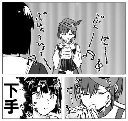 Rule 34 | 2girls, awestruck, bard, blunt bangs, blunt ends, closed eyes, comic panel redraw, derivative work, dress, edelied, furigana, greyscale, hasu no sora school uniform, hat, hat feather, haz, highres, instrument, katsuragi izumi, kimi no koto ga dai dai dai dai daisuki na 100-nin no kanojo, link! like! love live!, long hair, long sleeves, love live!, momose ginko, monochrome, multiple girls, music, nakaji uto, ocarina, official alternate costume, open mouth, partially translated, playing instrument, sailor collar, sailor dress, school uniform, short hair, translation request, treble clef, u u, virtual youtuber, winter uniform, wolf cut
