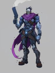 1boy abs absurdres arm_at_side belt black_hair brown_belt brown_footwear bullet cape darksiders full_body glowing glowing_eyes grey_background gun hand_up hicham_habchi highres holding holding_gun holding_weapon male_focus mask muscular muscular_male purple_cape short_hair simple_background solo steam strife_(darksiders) torn_cape torn_clothes weapon yellow_eyes