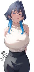 1girl :q absurdres arms_behind_back bare_shoulders blue_eyes blue_hair breasts earrings hair_intakes highres hololive hololive_english inuinuo_gataken jewelry large_breasts long_hair looking_at_viewer multicolored_hair ouro_kronii pencil_skirt skirt solo sweater tongue tongue_out turtleneck turtleneck_sweater virtual_youtuber