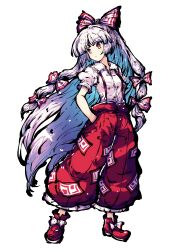 1girl absurdres bow breasts colored_inner_hair footwear_bow fujiwara_no_mokou hair_bow hands_in_pockets highres long_hair looking_to_the_side multicolored_hair multiple_hair_bows pants pioartstuff puffy_pants red_bow red_eyes red_pants red_shoes red_suspenders shoes simple_background small_breasts suspenders tokiame_(style) touhou two-tone_bow very_long_hair white_background white_bow white_hair