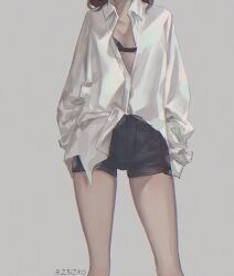 Rule 34 | 1girl, 23i2ko, black bra, bra, breasts, brown hair, cleavage, collared shirt, denim, denim shorts, feet out of frame, grey background, hand in pocket, hands in pockets, head out of frame, medium hair, original, partially unbuttoned, shirt, shirt partially tucked in, shorts, simple background, solo, underwear, white shirt