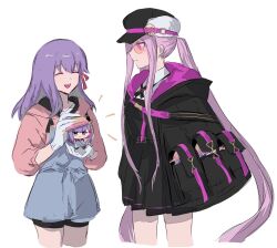 2girls black_dress black_hat black_jacket blush breasts character_doll doll dress fate/grand_order fate_(series) glasses hair_ribbon hat highres jacket large_breasts long_hair long_sleeves matou_sakura medusa_(fate) medusa_(saber)_(fate) medusa_(saber)_(first_ascension)_(fate) multiple_girls nekwnek open_mouth overalls pink-tinted_eyewear purple_eyes purple_hair ribbon round_eyewear sakura_(paper_moon) sidelocks simple_background smile straw_hat sunglasses tinted_eyewear twintails very_long_hair white_background