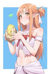1girl arm_strap asuna_(sao) asymmetrical_bangs bare_shoulders blue_background blush border braid bread brown_eyes brown_hair bygin choker closed_mouth crop_top eating food hair_ribbon halterneck health_bar highres holding holding_food long_hair looking_at_viewer midriff navel pointy_ears ponytail revealing_clothes ribbon short_ponytail skirt solo sword_art_online titania_(sao) white_border white_choker white_ribbon white_skirt