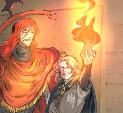 :3 brown_hair cloak elden_ring elden_ring:_shadow_of_the_erdtree fire green_eyes highres long_hair medium_hair melina_(elden_ring) meme messmer_the_impaler o&#039;donnis one_eye_closed red_hair siblings snake sweatdrop tattoo worried