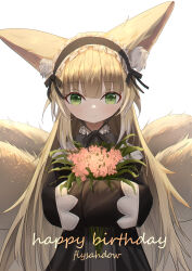 Rule 34 | 1girl, absurdres, alternate costume, animal ear fluff, animal ears, arknights, black hairband, blonde hair, bouquet, closed mouth, commentary, flower, flyshadow, fox ears, fox girl, fox tail, frilled hairband, frills, green eyes, hairband, happy birthday, highres, holding, holding bouquet, kitsune, kyuubi, long hair, long sleeves, looking at viewer, multiple tails, straight-on, suzuran (arknights), tail