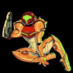 1girl animated animated_gif arm_cannon armor black_background breathing covered_face directed-energy_weapon electricity energy energy_cannon energy_gun energy_weapon g_(jiskeyjasket) glowing helmet looping_animation metroid metroid_prime metroid_prime_1 nintendo pixel_art power_armor power_suit_(metroid) samus_aran science_fiction sitting solo spread_legs varia_suit weapon