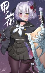 1girl absurdres arm_at_side artist_name assault_lily black_capelet black_cardigan black_choker black_flower black_gloves black_hair black_ribbon black_sailor_collar black_serafuku black_shirt black_skirt blush breasts bright_pupils brown_pantyhose capelet cardigan character_name choker collarbone commentary_request cowboy_shot falling_petals fingerless_gloves floral_print flower gloves gradient_background greatsword grey_hair hair_flower hair_ornament hair_ribbon hand_up heterochromia high-waist_skirt highres holding holding_sword holding_weapon lace lace-trimmed_skirt lace_trim light_smile long_sleeves looking_at_viewer medium_breasts miniskirt neckerchief open_cardigan open_clothes pantyhose parted_lips petals pink_eyes planted planted_sword planted_weapon pleated_skirt print_skirt purple_background purple_flower red_flower ribbon ribbon-trimmed_capelet ribbon_choker ribbon_trim sailor_collar school_uniform serafuku shirt short_hair signature skirt solo standing sword thigh_strap translated weapon white_neckerchief white_pupils ya-man yamaguchi_chihiro_(assault_lily) yellow_eyes