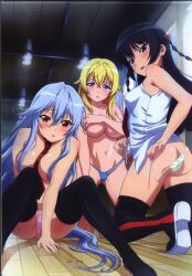 3girls armpits ass bare_legs bare_shoulders bent_over between_breasts black_hair black_thighhighs blonde_hair blu-ray_cover blue_eyes blue_hair blue_panties blush boots bow braid breasts butt_crack censored censored_nipples chidorigafuchi_aine cleavage clothes_pull convenient_censoring cover covered_erect_nipples covering_breasts covering_privates gluteal_fold groin hair_between_eyes hair_ornament hair_over_breasts highres himekawa_hayuru huge_ass indoors kadokawa kadokawa_shoten knee_boots kneeling large_breasts legs long_hair looking_at_viewer looking_back masou_gakuen_hxh medium_breasts miyai_kana multiple_girls navel necktie necktie_between_breasts nipples nude official_art on_floor open_mouth panties pink_panties production_ims red_eyes shirt shoes side-tie_panties sitting sleeveless sleeveless_shirt small_breasts string_panties sweat thighhighs topless_female twintails underwear underwear_only untied_panties very_long_hair white_hair white_panties yurishia_farandole