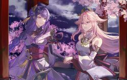 2girls absurdres animal_ear_piercing animal_ears armor asymmetrical_sleeves back_bow bare_shoulders blue_pupils blunt_bangs bow braid bridal_gauntlets cherry_blossoms chinese_commentary closed_mouth clothing_cutout cloud cloudy_sky couple detached_sleeves fan_hair_ornament flower_ornament fox_ears fox_girl from_side genshin_impact gradient_hair hair_between_eyes hair_ornament head_tilt headpiece highres holding_hands japanese_clothes jewelry kimono light_smile long_braid long_hair long_sleeves looking_at_another looking_to_the_side mitsudomoe_(shape) mole mole_under_eye multicolored_eyes multicolored_hair multiple_girls neck_ribbon night night_sky nontraditional_miko outdoors parted_lips pendant pink_hair pink_lips purple_eyes purple_hair purple_kimono purple_sky raiden_shogun red_ribbon red_sash ribbon sash shade shoulder_armor shoulder_cutout single_braid siyanghuasanke sky standing streaked_hair tomoe_(symbol) uneven_sleeves upper_body wavy_hair wide_sleeves yae_miko yuri