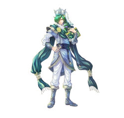 1boy absurdres armor belt blue_boots blue_cape blue_hat book boots cape closed_mouth commentary_request fire_emblem fire_emblem:_genealogy_of_the_holy_war fire_emblem_heroes full_body fur-trimmed_boots fur_trim gold_trim green_eyes green_hair hair_over_one_eye hair_over_shoulder hand_up hat highres holding holding_book lewyn_(fire_emblem) lewyn_(scion)_(fire_emblem) long_hair long_sleeves looking_at_viewer low-tied_long_hair male_focus nintendo official_alternate_costume official_art pants second-party_source simple_background smile solo standing takaya_tomohide white_background white_pants