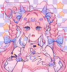 1girl aegyo_sal ahoge bare_shoulders black_choker blue_background blue_bow blue_eyes blue_flower blue_horns blue_nails blue_rose blush bow braid braided_twintails breasts candy checkered_background choker cloud collarbone commentary commission crescent crescent_earrings crescent_hair_ornament detached_ahoge double-parted_bangs downturned_eyes dress earrings english_commentary flower food frilled_dress frilled_sleeves frilled_wrist_cuffs frills grey_background hair_between_eyes hair_bow hair_ornament hand_on_own_chest hand_on_own_chin hands_up heart heart-shaped_pupils horns ijiinie jewelry large_breasts leaf lollipop lower_eyelashes_only multicolored_hair nail_polish original pink_hair pink_pupils pointy_ears puffy_short_sleeves puffy_sleeves ring rose see-through_clothes see-through_wrist_cuffs short_sleeves simple_background solo star_(symbol) star_earrings star_hair_ornament straight-on strapless strapless_dress swirl_lollipop symbol-shaped_pupils twin_braids twitter_username two-tone_background two-tone_hair upper_body watermark white_dress white_hair wrist_cuffs