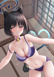1girl animal_ears backlighting bare_shoulders bell black_choker black_eyes black_hair blue_archive blue_halo blunt_ends blush bob_cut bow bow_bra bra breasts bright_pupils c.u.wa cat_ears cat_girl cat_tail choker cleavage closed_mouth collarbone commentary cowboy_shot day dutch_angle gluteal_fold hair_between_eyes halo heart_tail_duo highres indoors jingle_bell kikyou_(blue_archive) lace lace-trimmed_bra lace_trim large_breasts leaning_forward light_frown lingerie looking_at_viewer morning multiple_tails navel neck_bell outstretched_arms panties pov purple_bra purple_panties red_bow short_hair solo stomach straight_hair strap_slip tail tail_raised tsurime two_tails underwear underwear_only white_pupils