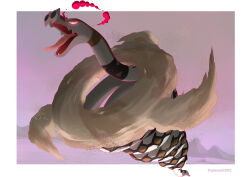 absurdres animal_focus artist_name colored_sclera fangs foreshortening full_body gen_8_pokemon giant gigantamax gigantamax_sandaconda glassy0302 glowing glowing_eyes green_eyes highres nintendo no_humans open_mouth pokemon pokemon_(creature) sand sandaconda shaded_face simple_background snake solo twitter_username wind