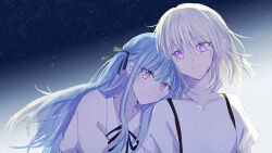 2girls bang_dream! bang_dream!_it&#039;s_mygo!!!!! black_ribbon blonde_hair blue_hair closed_mouth commentary_request gradient_background hair_ribbon head_on_another&#039;s_shoulder highres light_particles long_hair medium_hair misumi_uika multiple_girls parted_lips purple_eyes ribbon shirt short_hair smile togawa_sakiko two_side_up white_shirt xuan yellow_eyes yuri