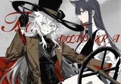 2girls :d animal_ears arknights arm_up black_gloves black_hat black_shirt black_vest blazer brown_jacket colored_inner_hair expressionless gloves green_eyes grey_hair grin hair_between_eyes hat highres jacket lapels lappland_(arknights) long_hair long_sleeves looking_at_viewer multicolored_hair multiple_girls open_clothes open_jacket open_mouth profile red_hair shirt sketch smile steering_wheel texas_(arknights) vest white_hair white_shirt wolf_ears wolf_girl yanfenguo_gao yellow_eyes