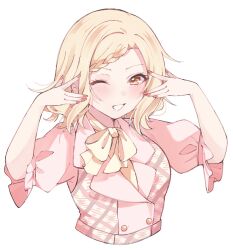 Rule 34 | 1girl, alternate hairstyle, blonde hair, blush, bow, commentary, commentary request, cropped torso, dress, highres, long sleeves, looking at viewer, love live!, love live! nijigasaki high school idol club, medium hair, miyashita ai, notyu maru, one eye closed, orange eyes, pink dress, plaid clothes, plaid vest, request for u, smile, solo, vest, white background, yellow bow