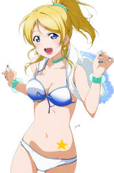 Rule 34 | 1girl, :d, absurdres, ayase eli, bikini, blonde hair, blue bikini, blue eyes, blue nails, blush, breasts, choker, cleavage, collarbone, cropped vest, dot nose, earrings, hands up, high ponytail, highres, jewelry, love live!, love live! school idol project, medium breasts, nagi mkrnpn, nail polish, navel, open mouth, ponytail, simple background, smile, solo, star (symbol), star earrings, star sticker, stomach, swimsuit, vest, white background, white bikini