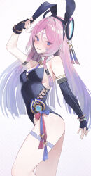 Rule 34 | 1girl, animal ear hairband, animal ears, arm up, asymmetrical gloves, bare shoulders, black leotard, blue eyes, blush, bracelet, braided sidelocks, breasts, citlali (genshin impact), commentary request, cross-laced clothes, cross-laced leotard, detached collar, facial mark, fake animal ears, fake tail, feet out of frame, fingerless gloves, floating headgear, forehead mark, from side, genshin impact, glove cutout, gloves, gold bracelet, hair intakes, hair tubes, hairband, headgear, highres, jewelry, leotard, long hair, looking at viewer, medium breasts, mismatched gloves, multiple bracelets, open mouth, pink hair, rabbit ear hairband, rabbit ears, rabbit tail, ribbed leotard, ring hair ornament, simple background, solo, standing, strapless, strapless leotard, tail, thigh marking, thighs, tooyon, triangle, triangle facial mark, white background