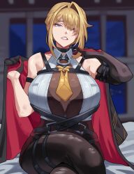 1girl absurdres arapanchi arm_strap armpit_crease asymmetrical_gloves bare_shoulders black_choker black_gloves black_jacket black_pants blonde_hair breasts chest_harness choker collared_shirt crossed_legs elbow_gloves evelyn_chevalier gloves hair_intakes hair_over_one_eye half_gloves halter_shirt halterneck hand_up harness high-waist_pants highres holding holding_jacket holding_unworn_clothes jacket large_breasts latex_pants looking_at_viewer medium_hair mismatched_gloves mole mole_under_eye multicolored_jacket necktie o-ring pants parted_lips purple_eyes red_gloves red_jacket shirt single_elbow_glove single_half_glove sleeveless sleeveless_shirt solo swept_bangs tight_clothes tight_pants two-tone_gloves two-tone_jacket unworn_jacket white_shirt wing_collar yellow_necktie zenless_zone_zero