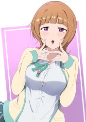 1girl absurdres blush breasts brown_hair green_skirt hands_on_own_face highres konoe_kanata large_breasts looking_at_viewer love_live! love_live!_nijigasaki_high_school_idol_club medium_hair purple_background purple_eyes shirt skirt solo sweater two-tone_background white_background white_shirt yellow_sweater zasshoku_ojisan