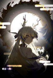 1girl arknights bead_necklace beads breasts brooch dragon_girl dragon_horns dragon_tail earrings eastern_dragon_horns eastern_dragon_tail hair_between_eyes highres horns jewelry long_hair looking_at_viewer looking_back medium_breasts necklace oisii_tomato_00 parted_lips pointy_ears shu_(arknights) solo tail tassel tassel_earrings