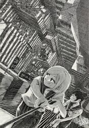 Rule 34 | 2girls, absurdly detailed composition, absurdres, apartment, building, city, climbing, climbing rope, complex exterior, double bun, from above, greyscale, hair bun, highres, ibsukionsen, landscape, monochrome, multiple girls, original, scenery, school uniform, window